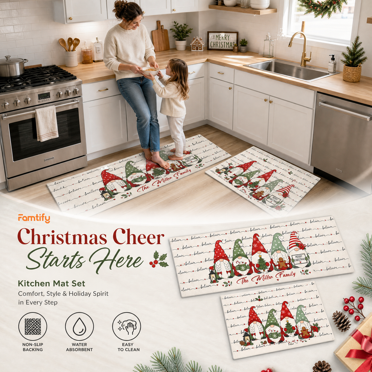 Personalized Believe Christmas Gnomes kitchen mat set, view 3