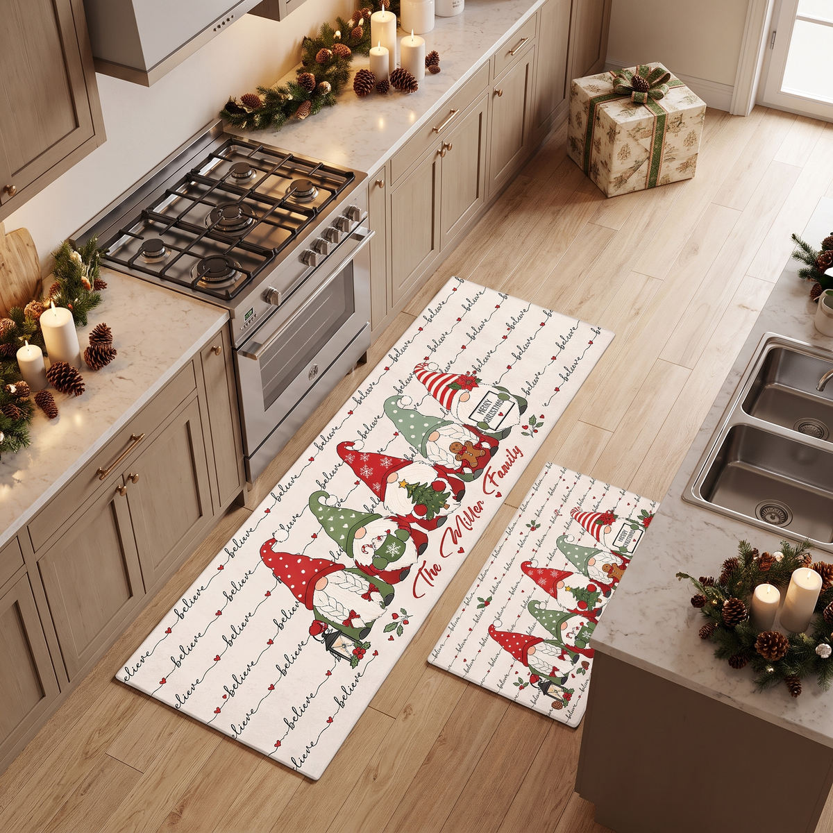 Personalized Believe Christmas Gnomes kitchen mat set, view 4