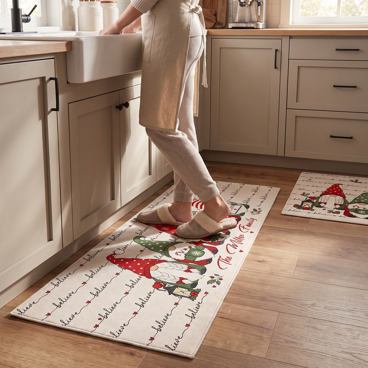 Personalized Believe Christmas Gnomes kitchen mat set, view 5