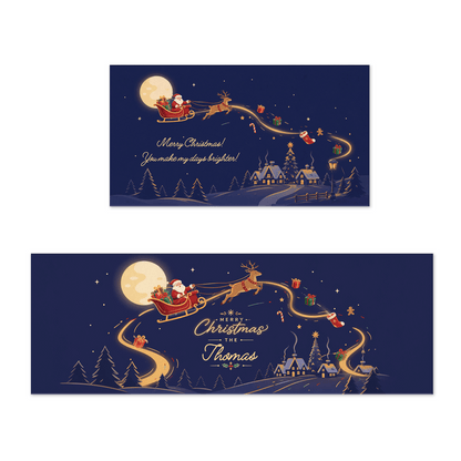 Personalized Santa Sleigh Moonlight Christmas kitchen mat set with custom name