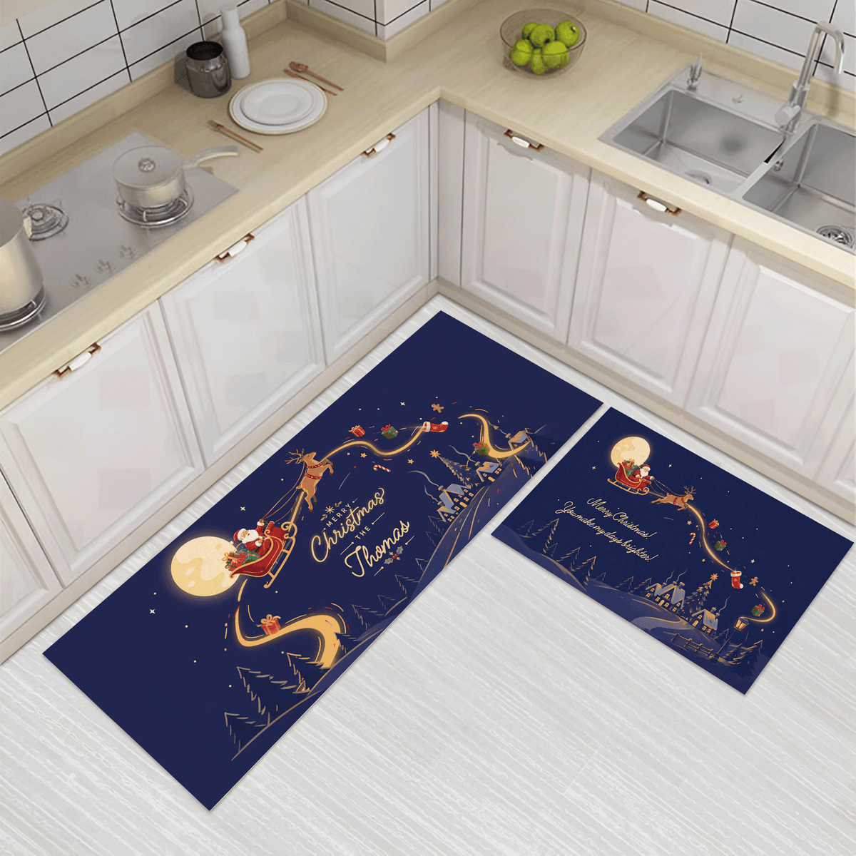 Personalized Santa Sleigh Moonlight Christmas kitchen mat set, view 2