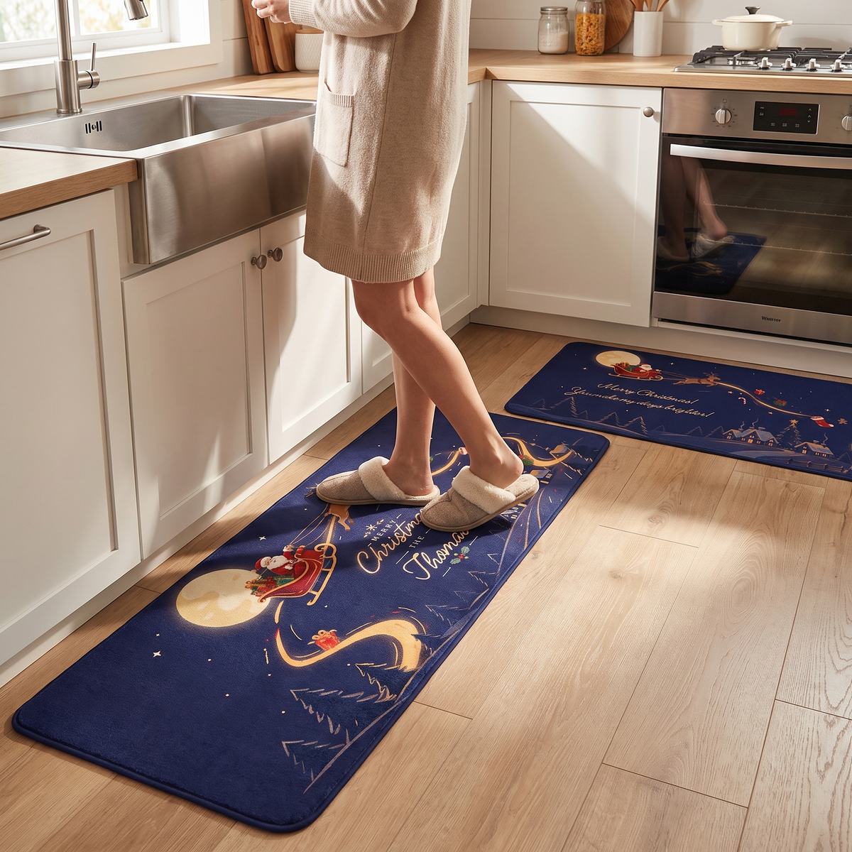 Personalized Santa Sleigh Moonlight Christmas kitchen mat set, view 4