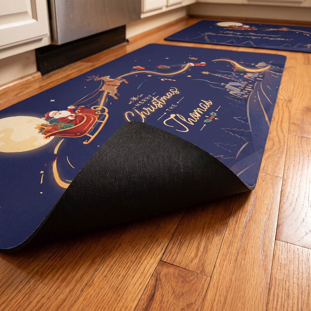 Personalized Santa Sleigh Moonlight Christmas kitchen mat set, view 5