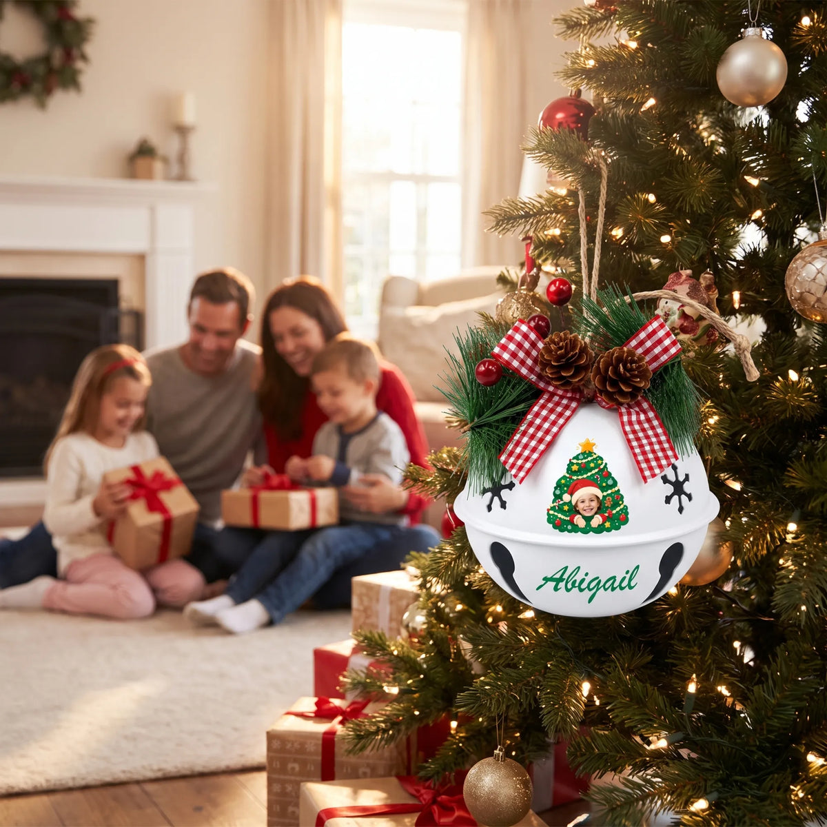Custom kid photo jingle bell ornament hanging on a Christmas tree with family opening gifts