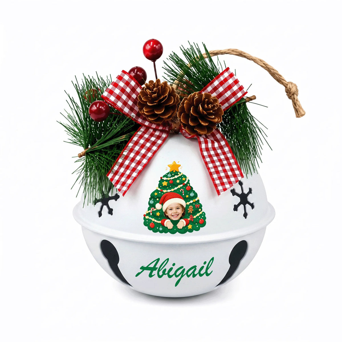 Custom photo Christmas tree kid jingle bell ornament with child photo in Santa hat and name