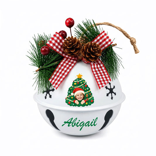 Custom photo Christmas tree kid jingle bell ornament with child photo in Santa hat and name
