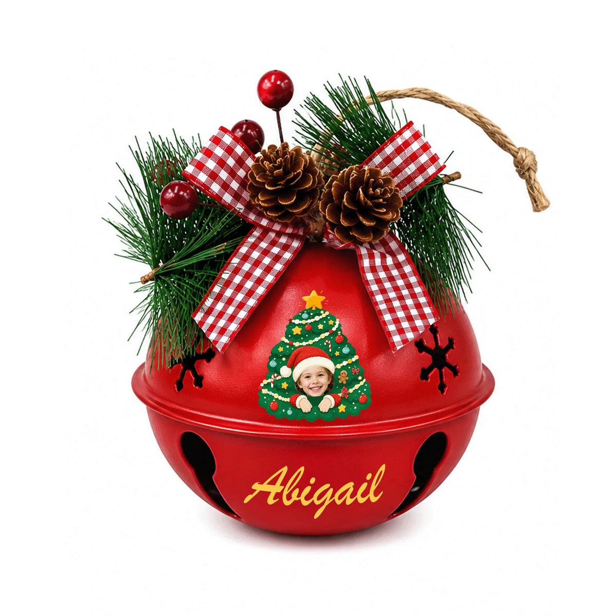 Personalized Christmas tree kid photo jingle bell ornament with custom name