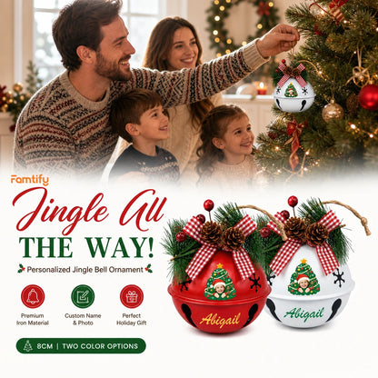 Personalized kid photo jingle bell ornament color options, premium iron, 8 cm ornament