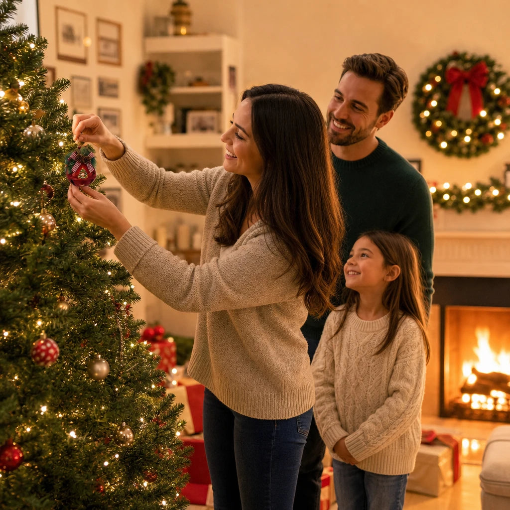 Family hanging a personalized jingle bell ornament on the Christmas tree