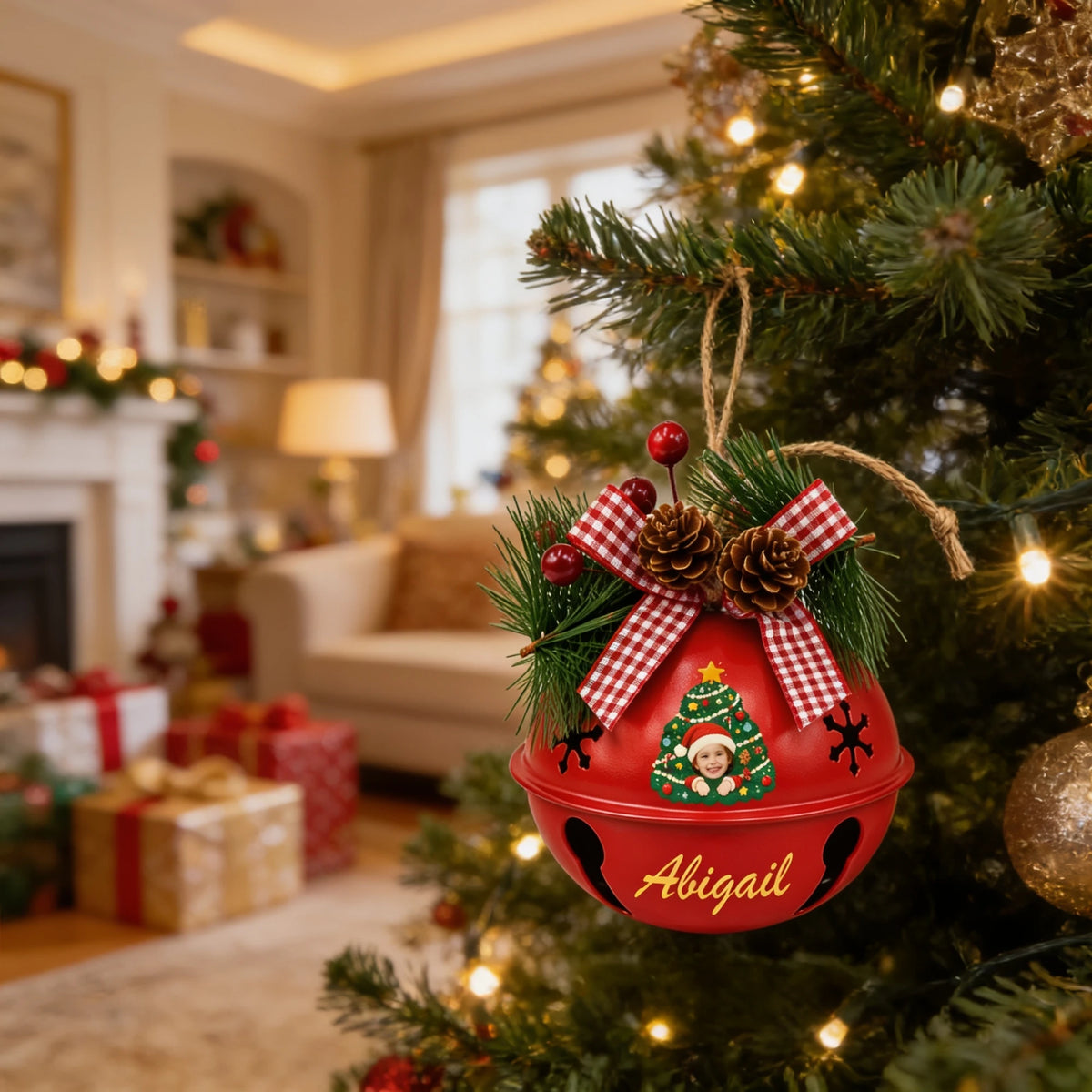 Custom photo kid jingle bell ornament hanging on a Christmas tree in a cozy living room