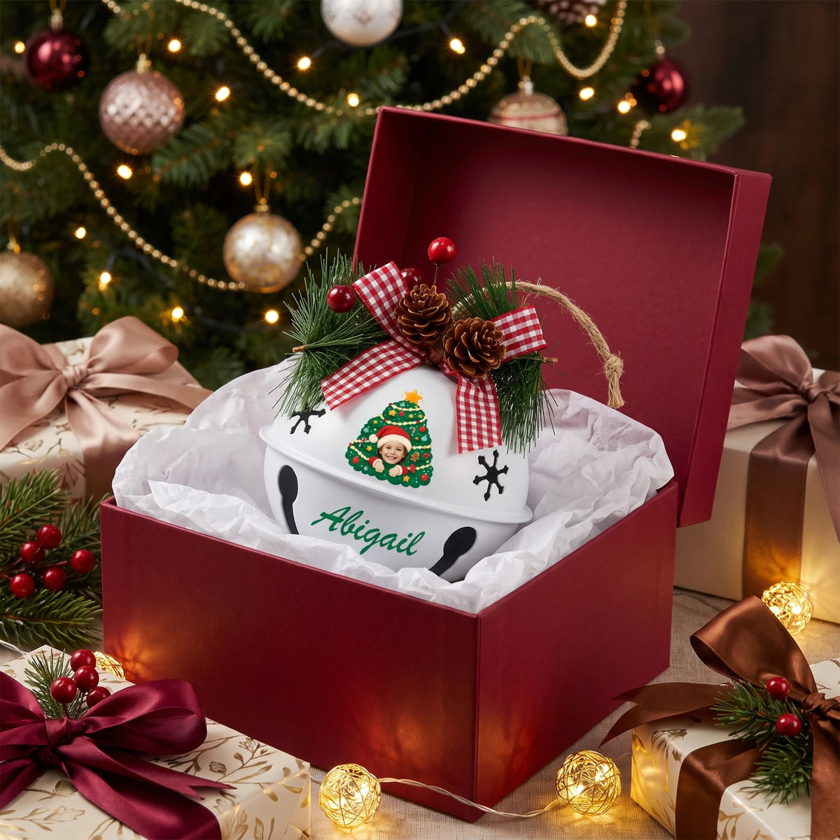 Personalized Christmas tree kid photo jingle bell ornament in a gift box