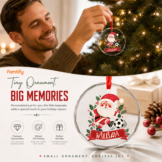 Personalized Santa soccer glass ornament in a cozy holiday setting