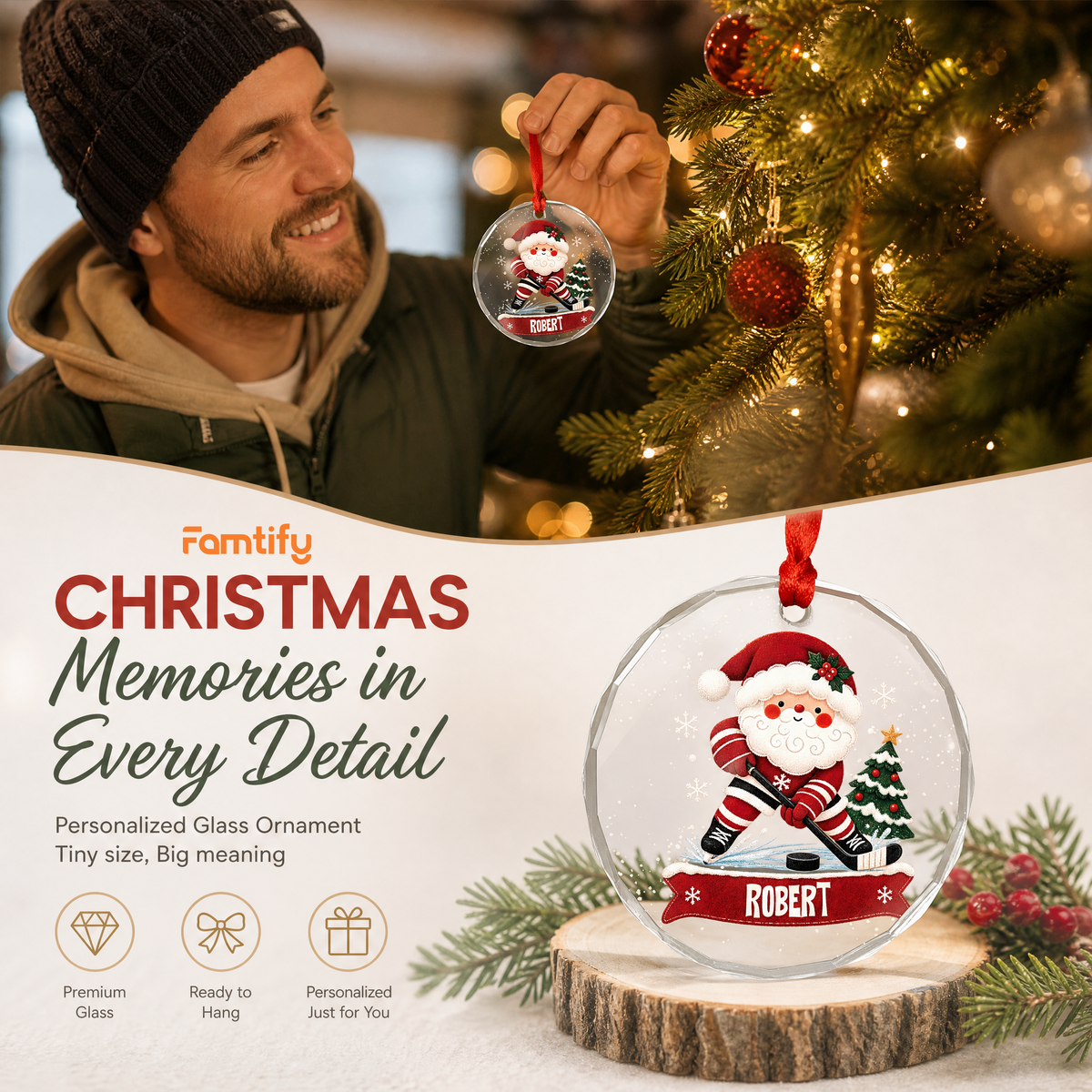 Personalized Santa hockey glass ornament in a cozy holiday setting