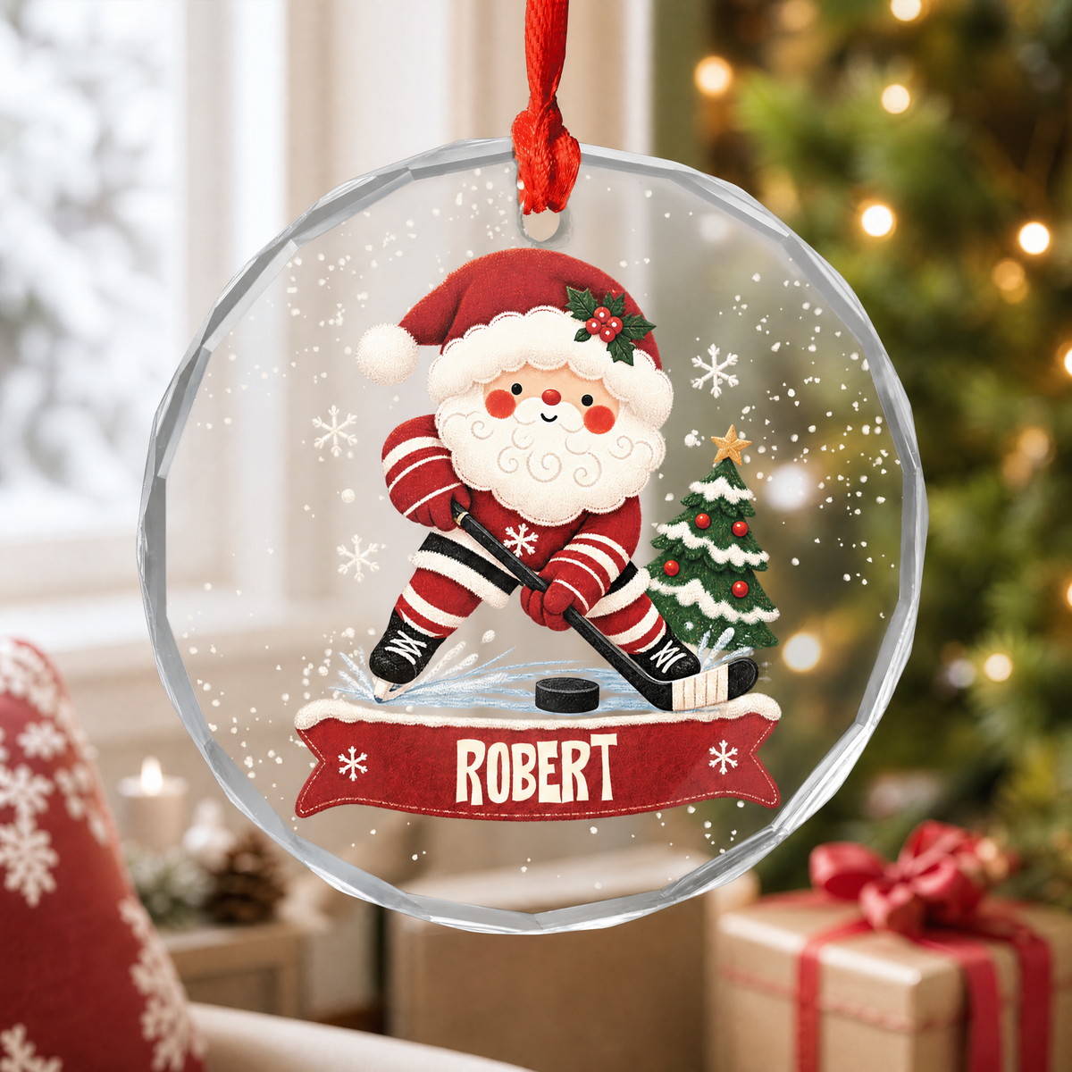 Santa hockey custom name glass ornament for the Christmas tree