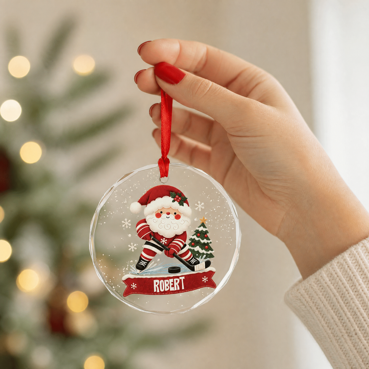Personalized hockey player glass ornament as a Christmas gift