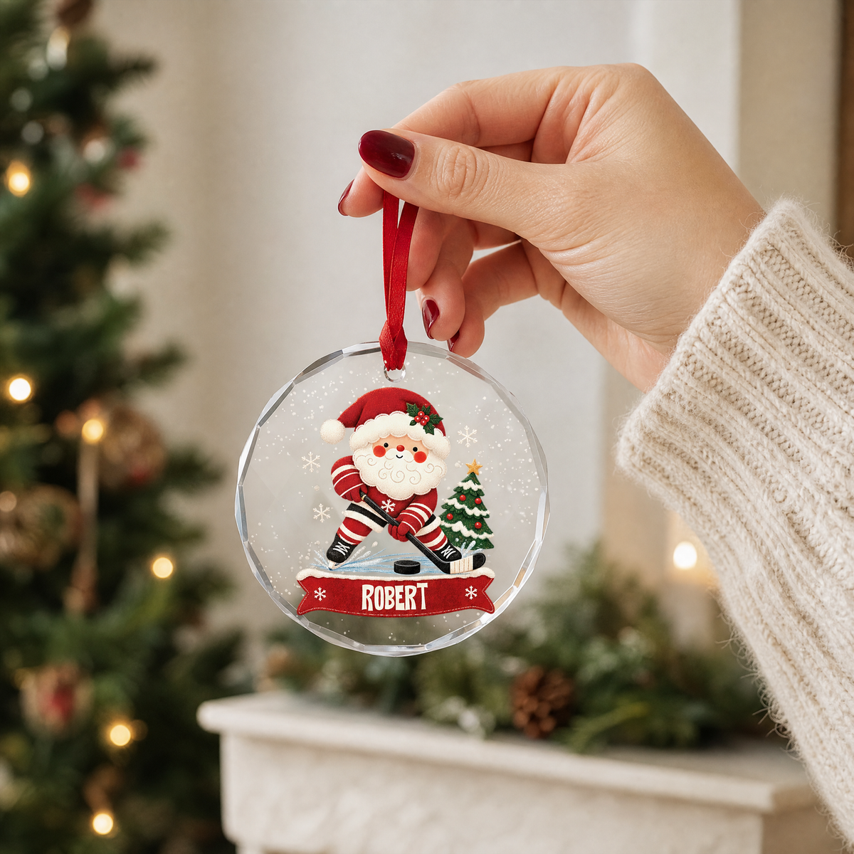 Clear glass Santa hockey ornament with custom name for holiday decor