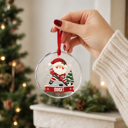 Clear glass Santa hockey ornament with custom name for holiday decor