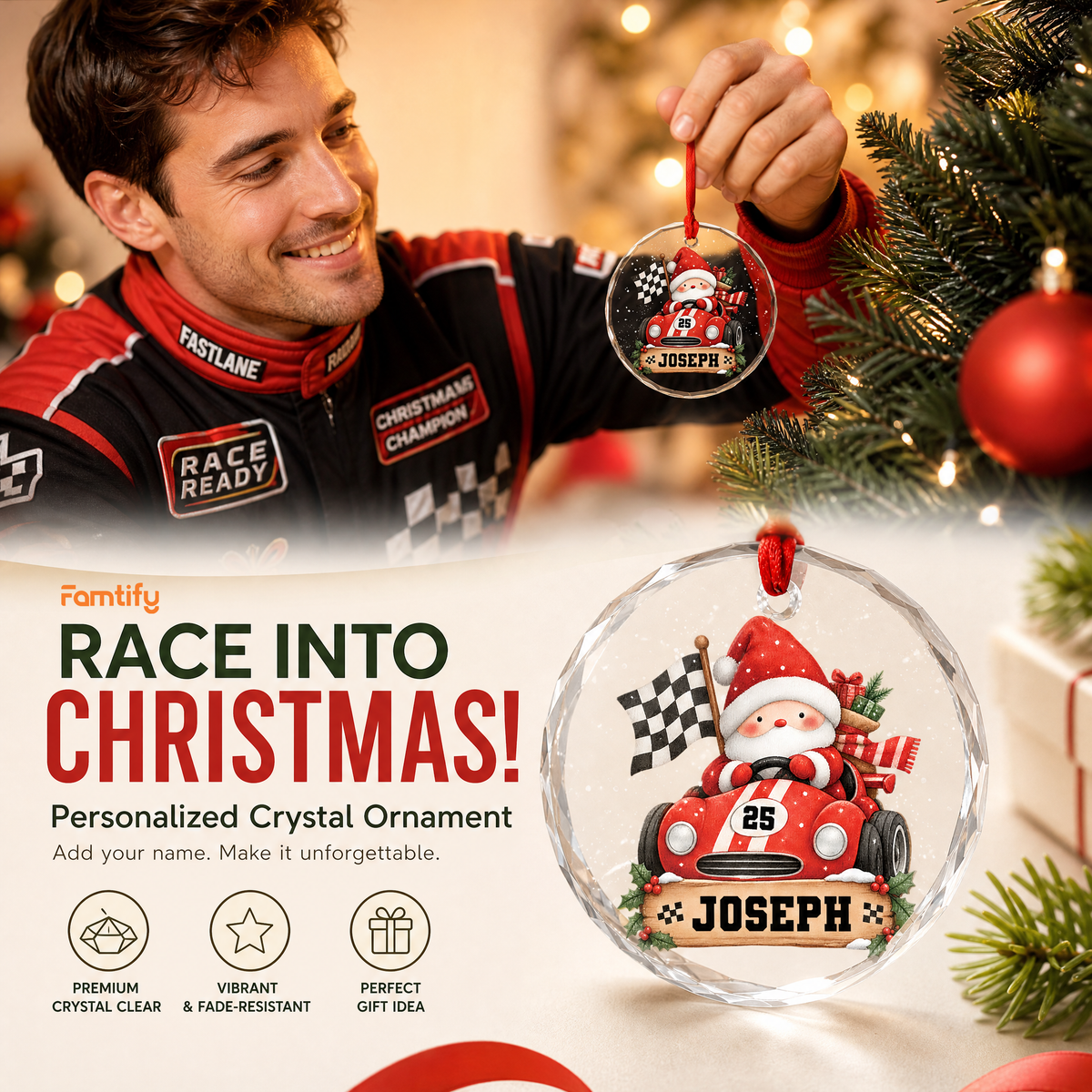 Personalized Santa race car glass ornament in a cozy holiday setting