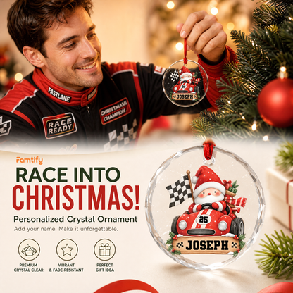 Personalized Santa race car glass ornament in a cozy holiday setting