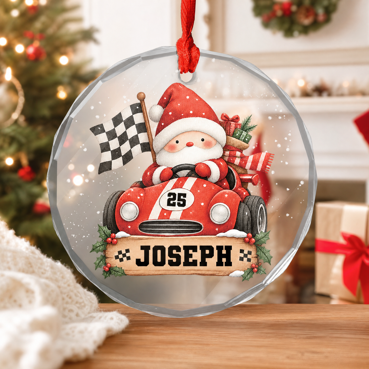 Santa race car custom name glass ornament for the Christmas tree