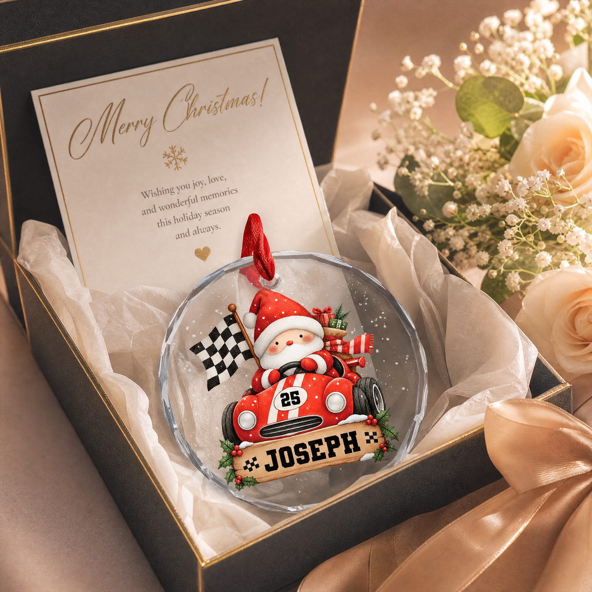 Santa race car Christmas glass ornament keepsake