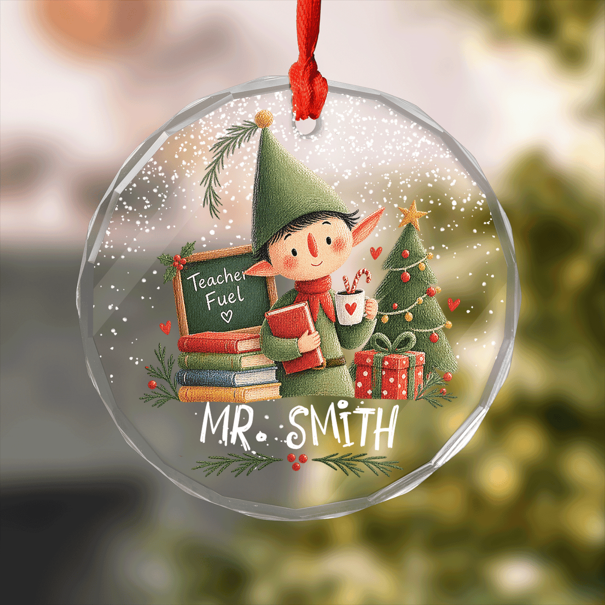 Round clear glass ornament with an elf teacher, Teacher Fuel chalkboard, books, Christmas tree and a custom name