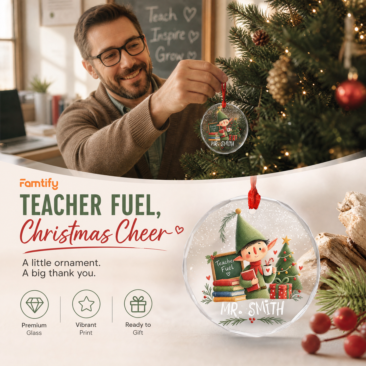 Personalized elf teacher glass ornament in a cozy holiday setting