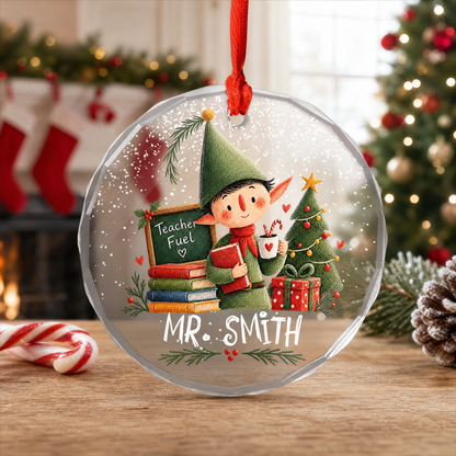 Elf teacher custom name glass ornament for the Christmas tree