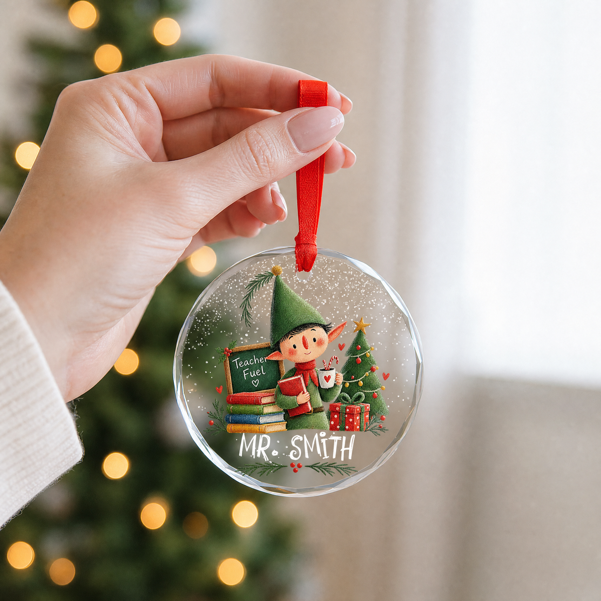 Personalized teacher appreciation glass ornament as a Christmas gift