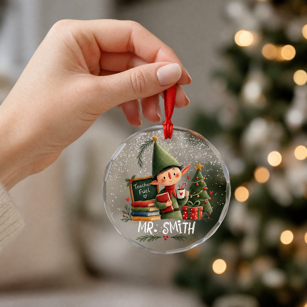 Clear glass elf teacher ornament with custom name for holiday decor
