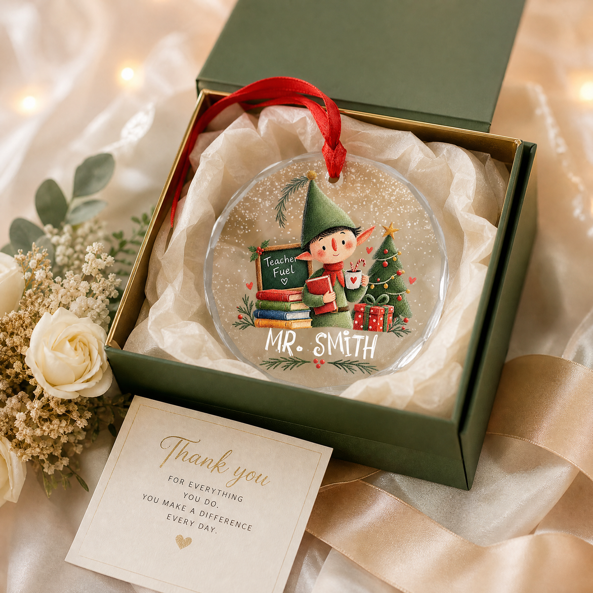 Teacher Fuel elf Christmas glass ornament keepsake