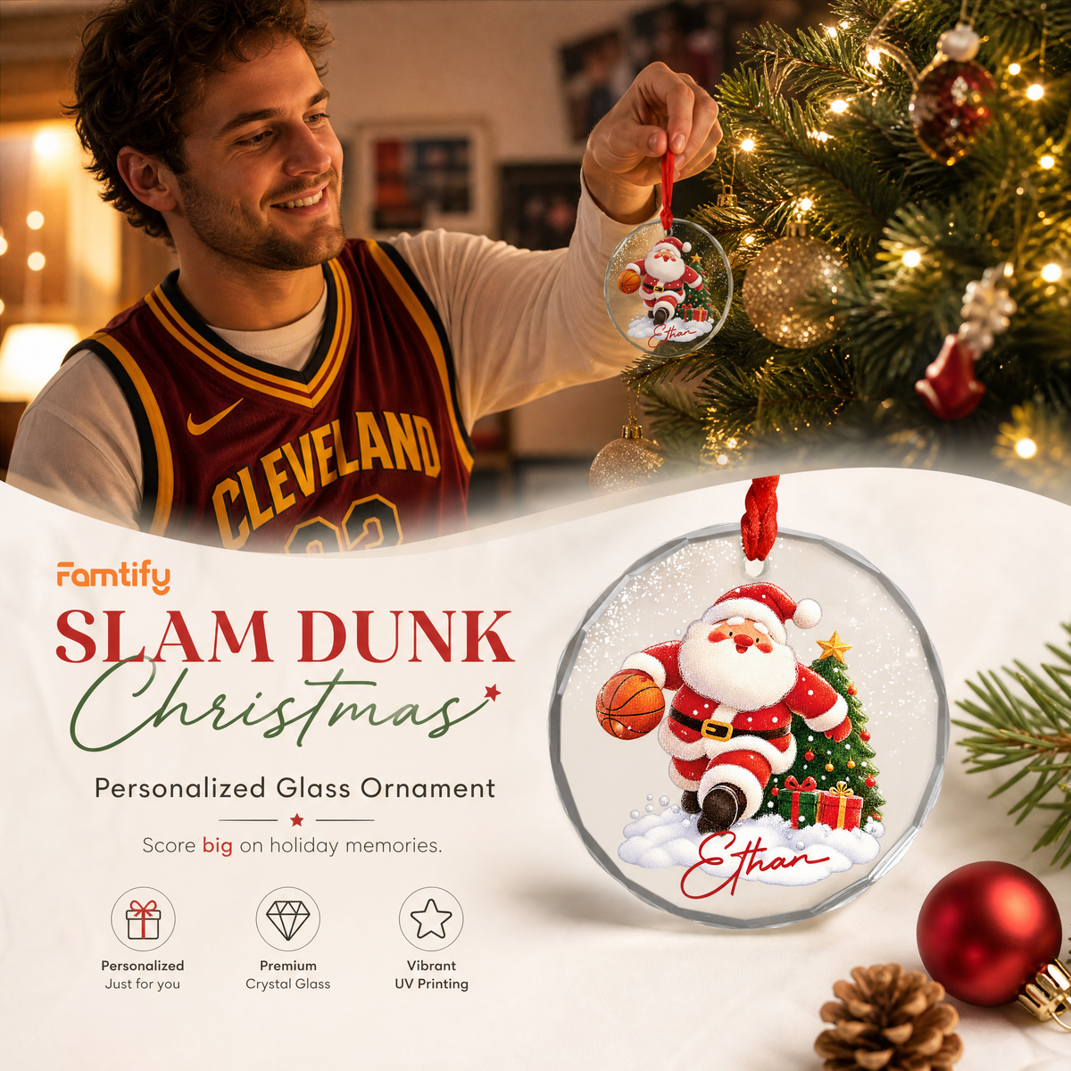 Personalized Santa basketball glass ornament in a cozy holiday setting