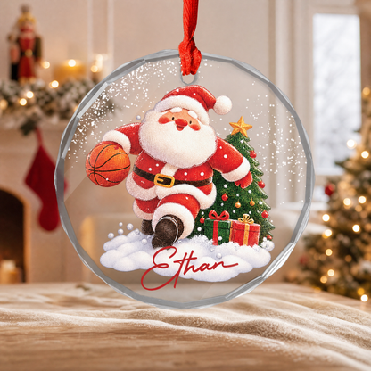 Santa basketball custom name glass ornament for the Christmas tree