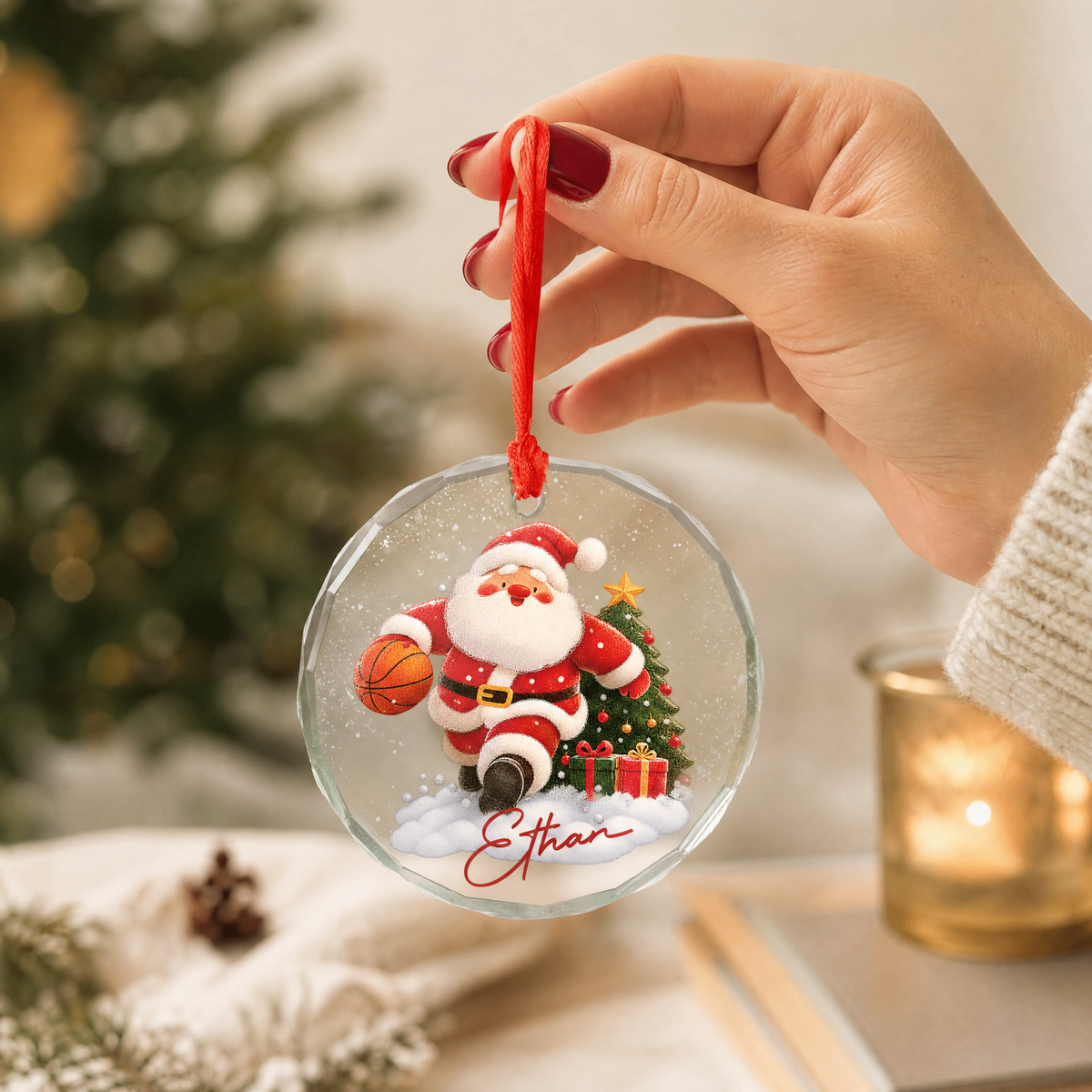 Clear glass Santa basketball ornament with custom name for holiday decor