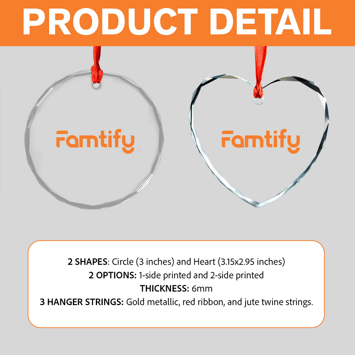 Glass ornament product detail: circle and heart shapes, 1 or 2 side print, 6mm thick, three hanger string options