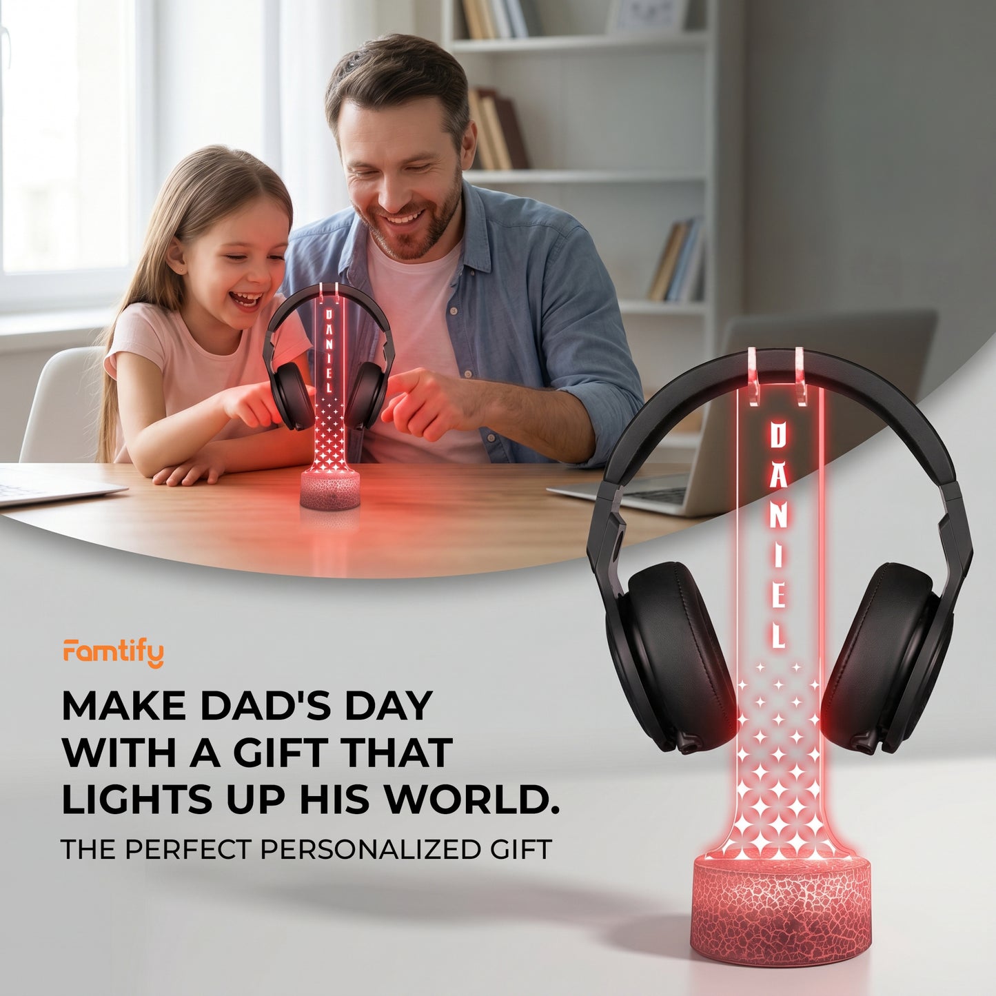 Personalized Acrylic Headphone Stand with Lights for Dad – Custom Name Gift