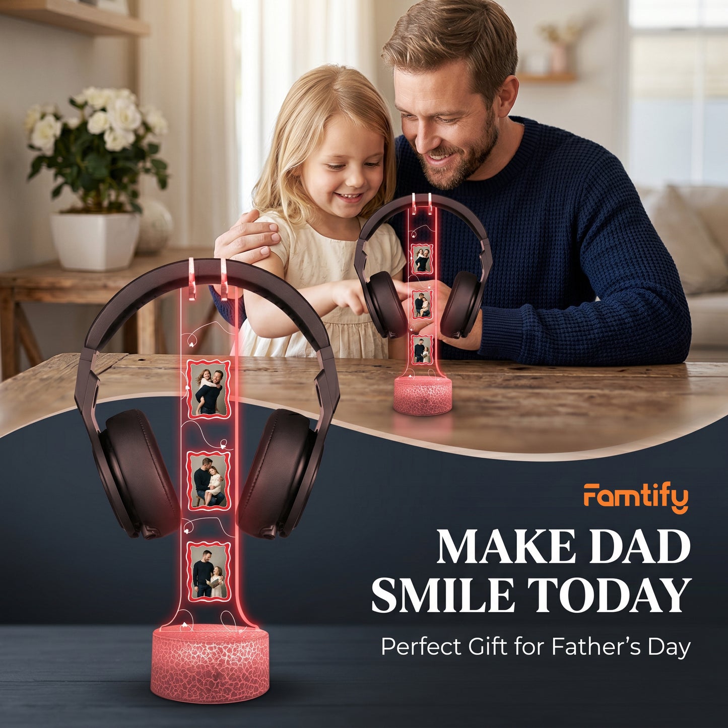 Personalized Acrylic Headphone Stand with Lights – Custom Photo Gift for Dad