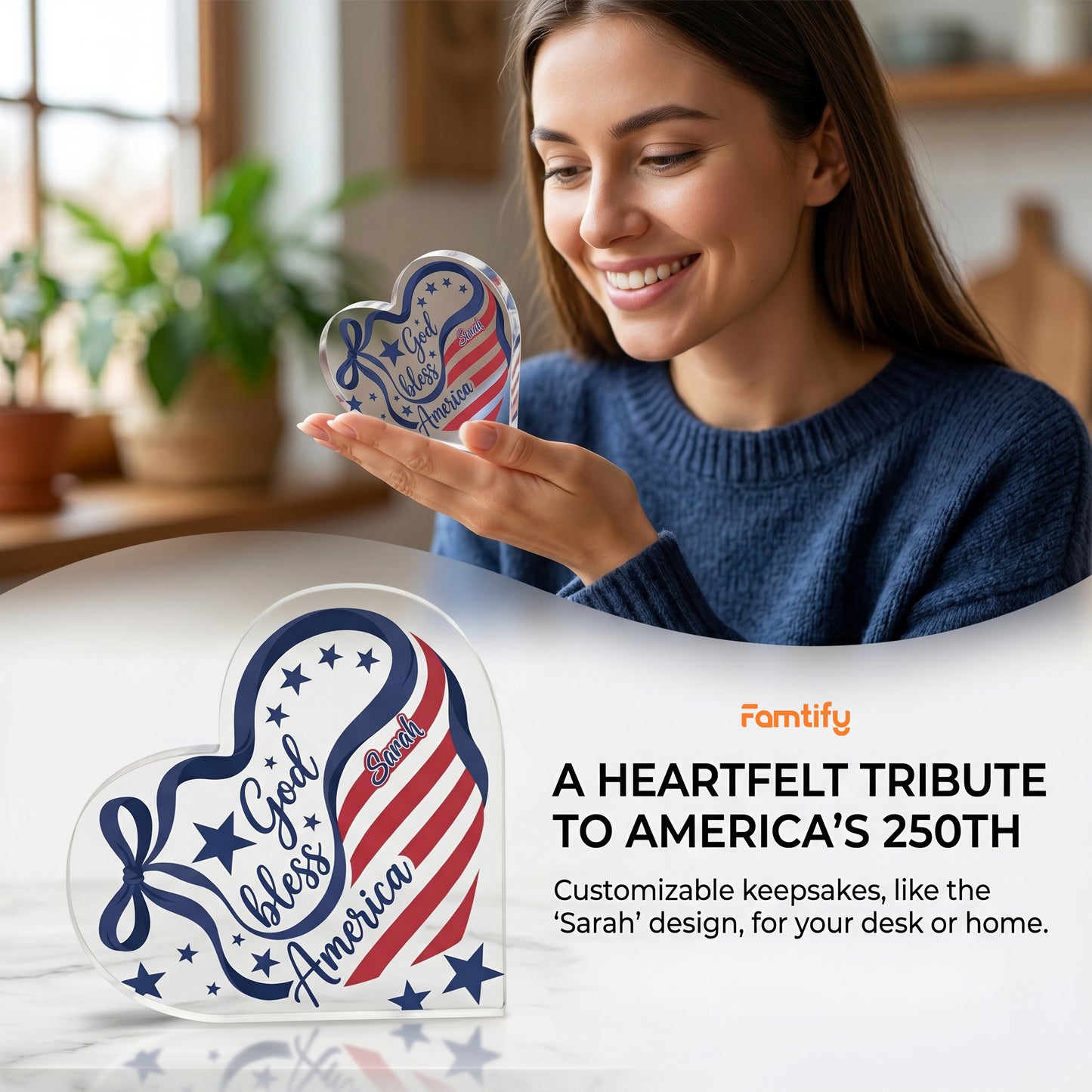 God Bless America Heart Shape Acrylic Plaque – Patriotic USA Keepsake