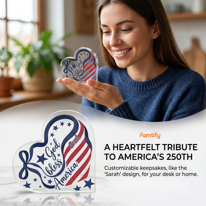 God Bless America Heart Shape Acrylic Plaque – Patriotic USA Keepsake