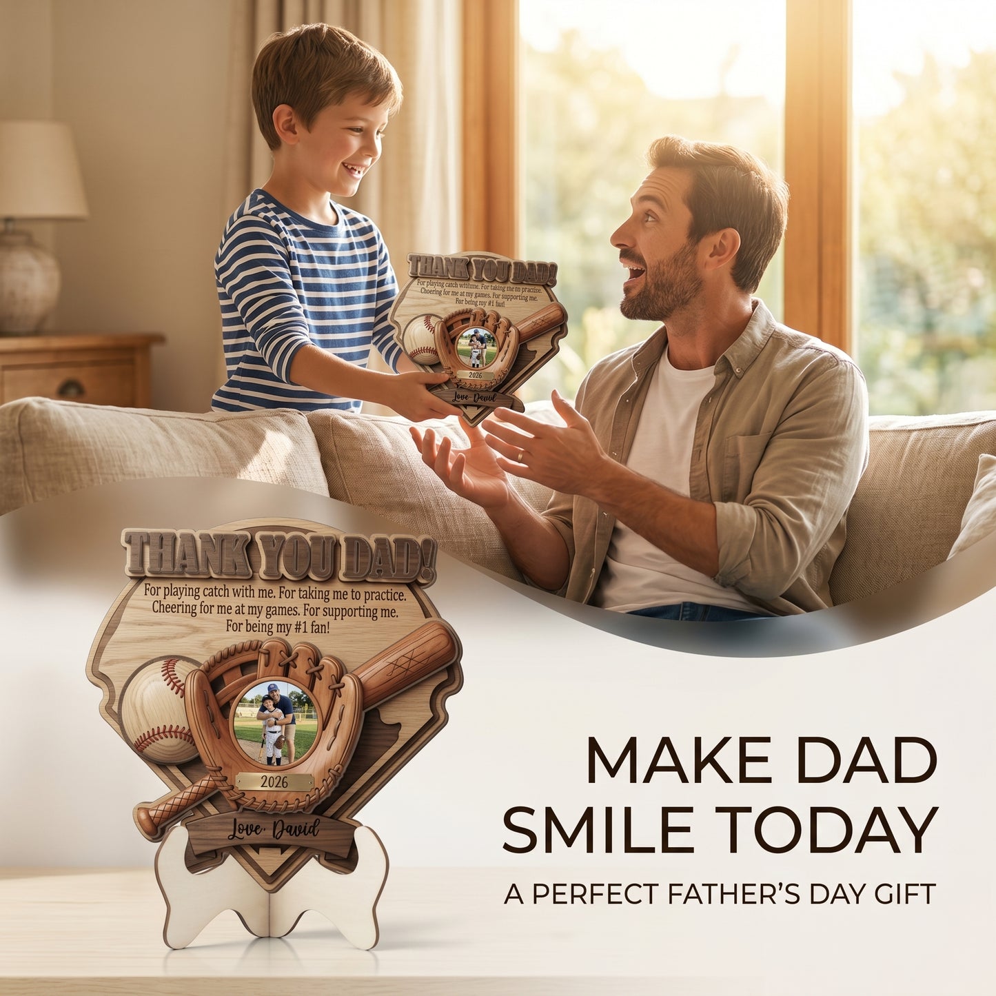Personalized Photo Wooden Sign for Dad – Custom Name 2 Layer Father’s Day Gift, Thank You Dad Decor