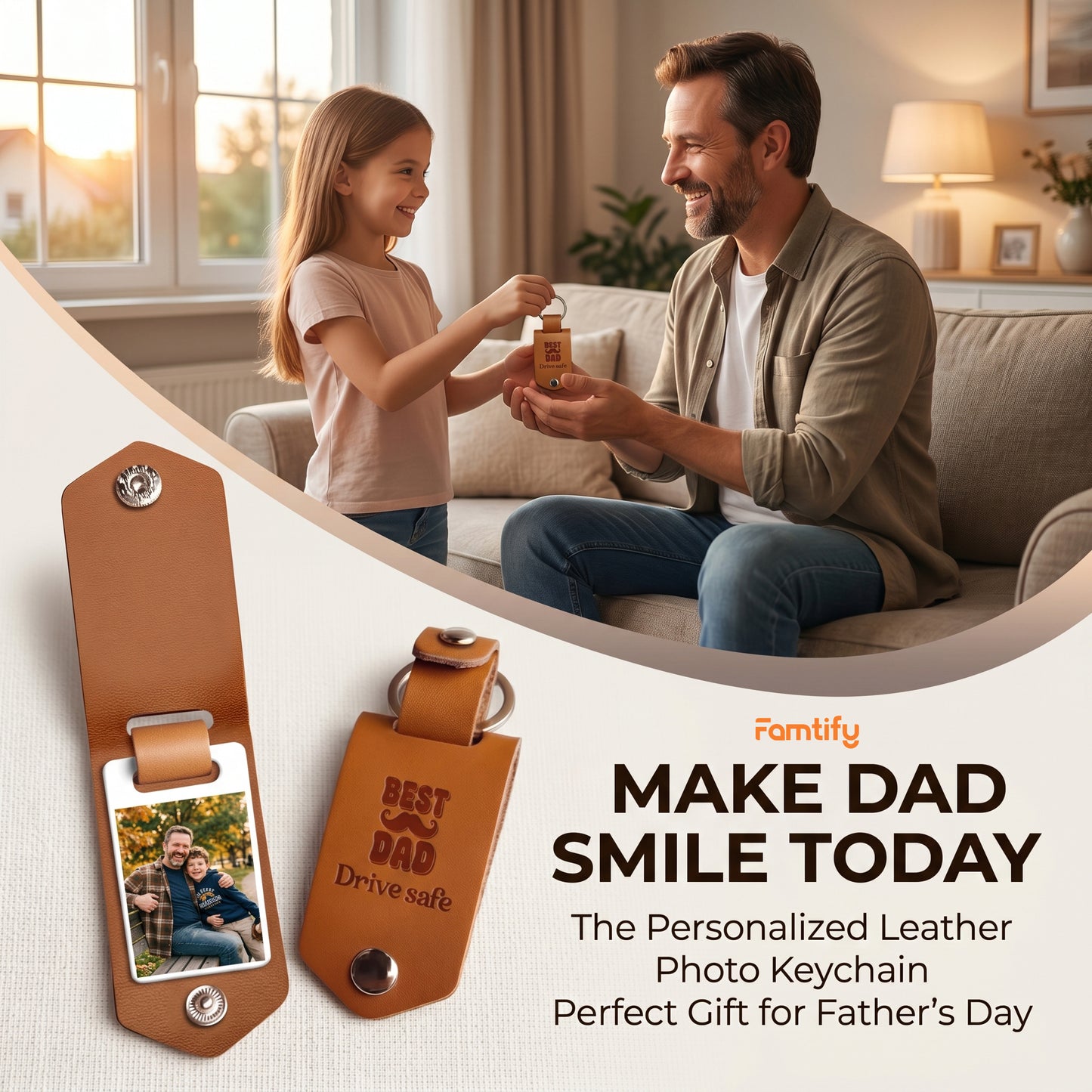 Personalized Leather Photo Keychain for Dad – Best Dad Drive Safe Father’s Day Gift