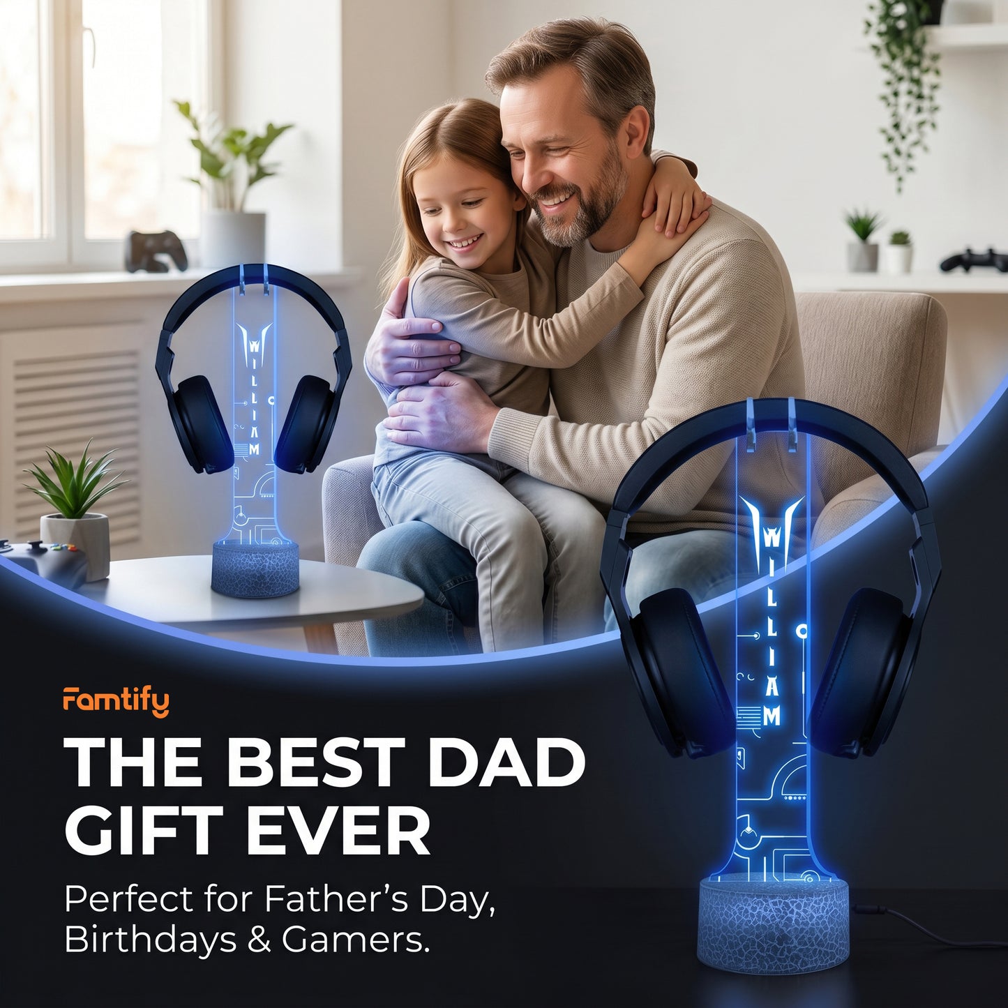 Personalized LED Headphone Holder for Dad – Custom Name Desk Gift