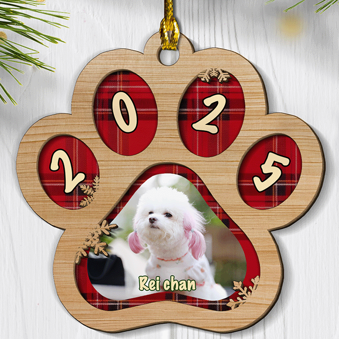 Paw Print Photo Ornament – Custom 2-Layered Wood Ornament for Dog Lovers Christmas Gift