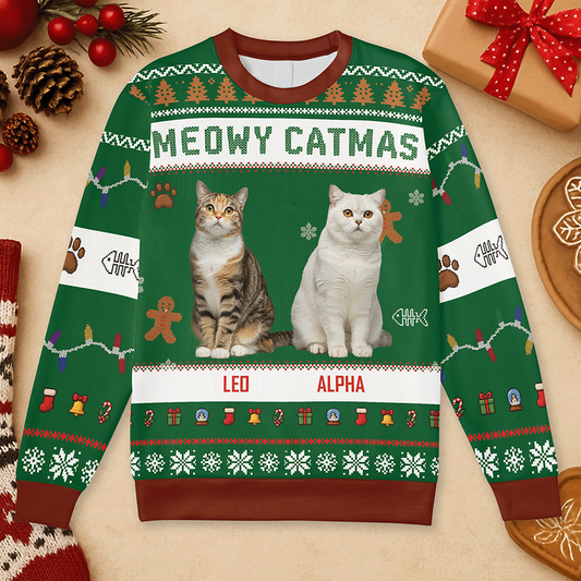 Front of a green Meowy Catmas ugly sweater with two custom cat photos and their names beneath