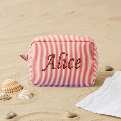 Embroidered Name Seersucker Makeup Bag – Personalized Bridesmaid Gift Monogrammed Toiletry Bag for Mom & Friends