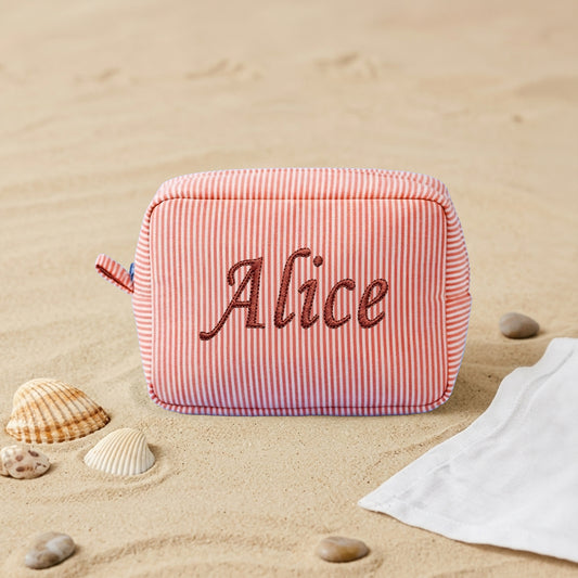 Embroidered Name Seersucker Makeup Bag – Personalized Bridesmaid Gift Monogrammed Toiletry Bag for Mom & Friends