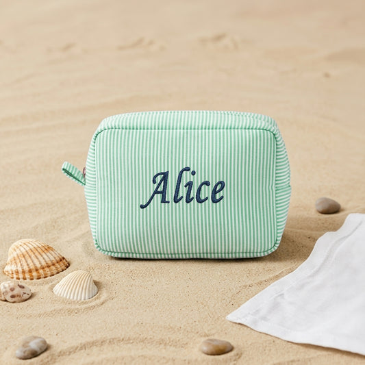 Embroidered Name Seersucker Makeup Bag - Personalized Bridesmaid Gift Monogrammed Toiletry Bag for Mom & Friends