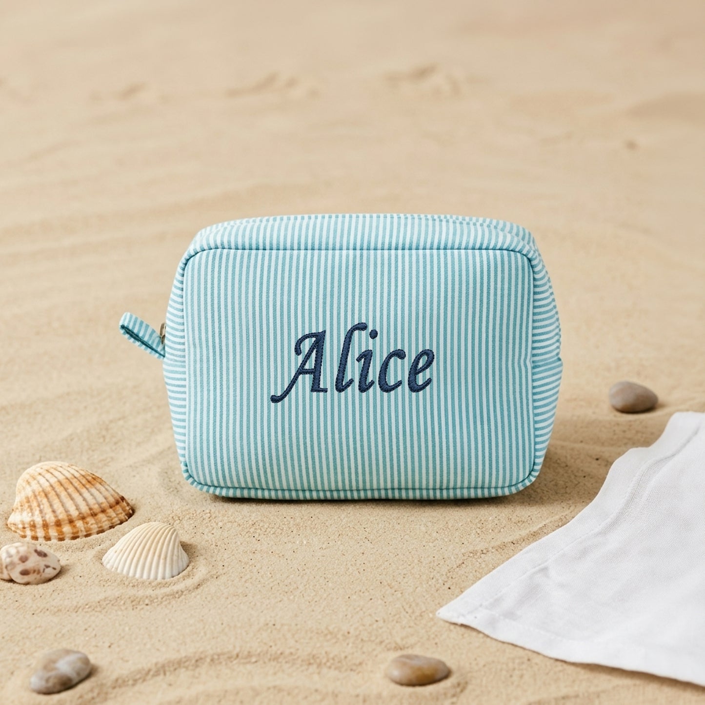 Embroidered Name Seersucker Makeup Bag – Personalized Bridesmaid Gift Monogrammed Toiletry Bag for Mom & Friends