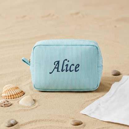 Embroidered Name Seersucker Makeup Bag – Personalized Bridesmaid Gift Monogrammed Toiletry Bag for Mom & Friends