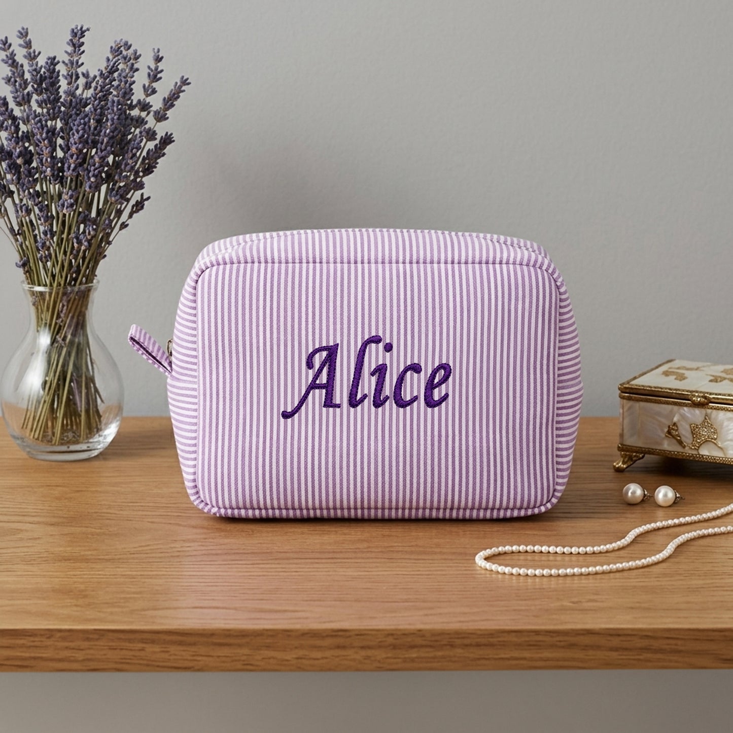 Embroidered Name Seersucker Makeup Bag – Personalized Bridesmaid Gift Monogrammed Toiletry Bag for Mom & Friends